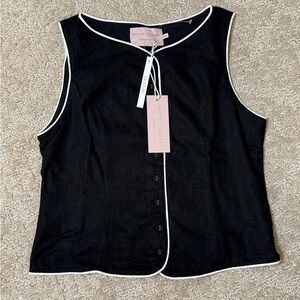 NWT Black Sleeveless Button-Front Top/Vest with White Piping